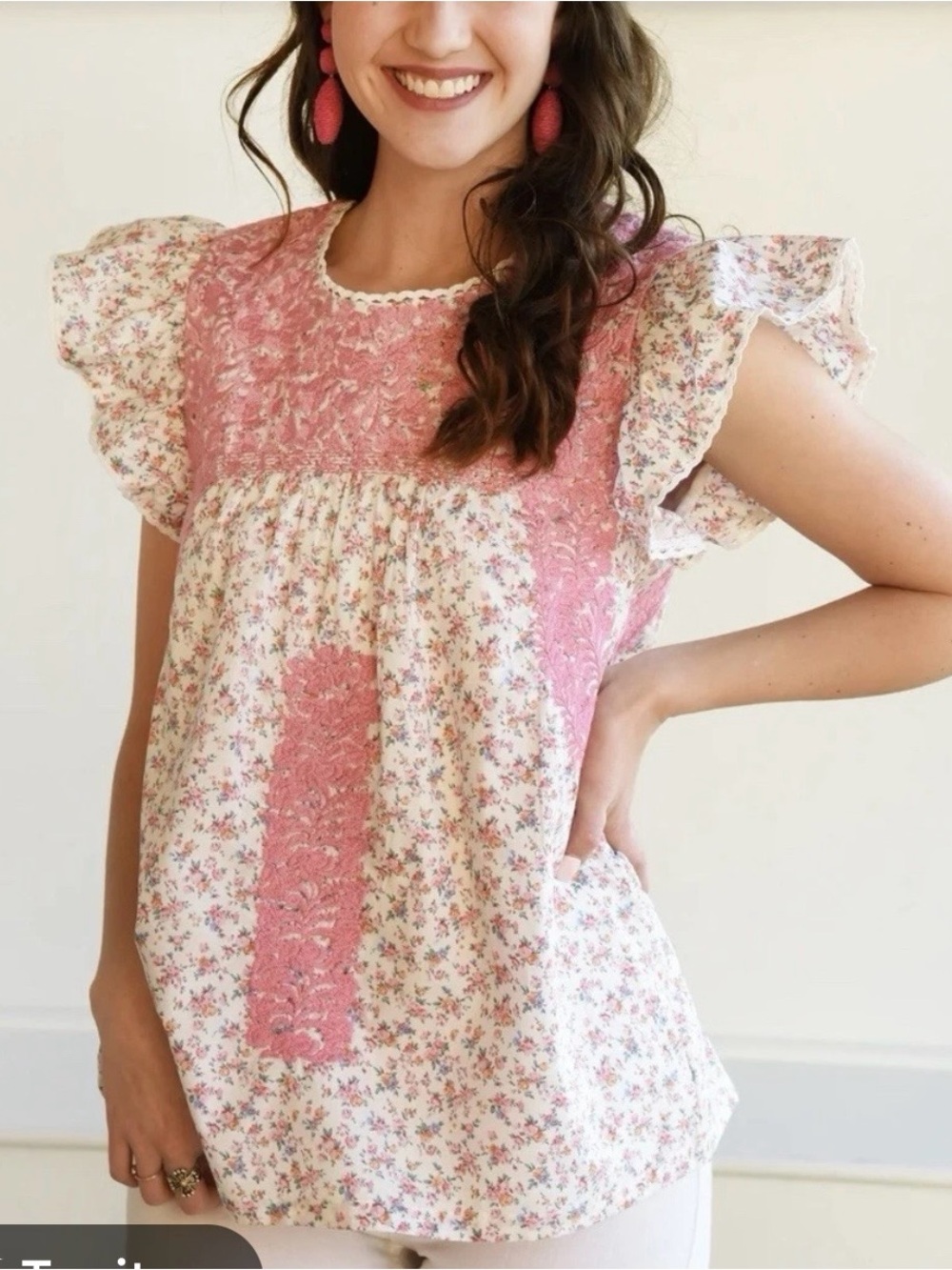 J.Marie Embroidered floral blouse pink and white cap sleeves size medium